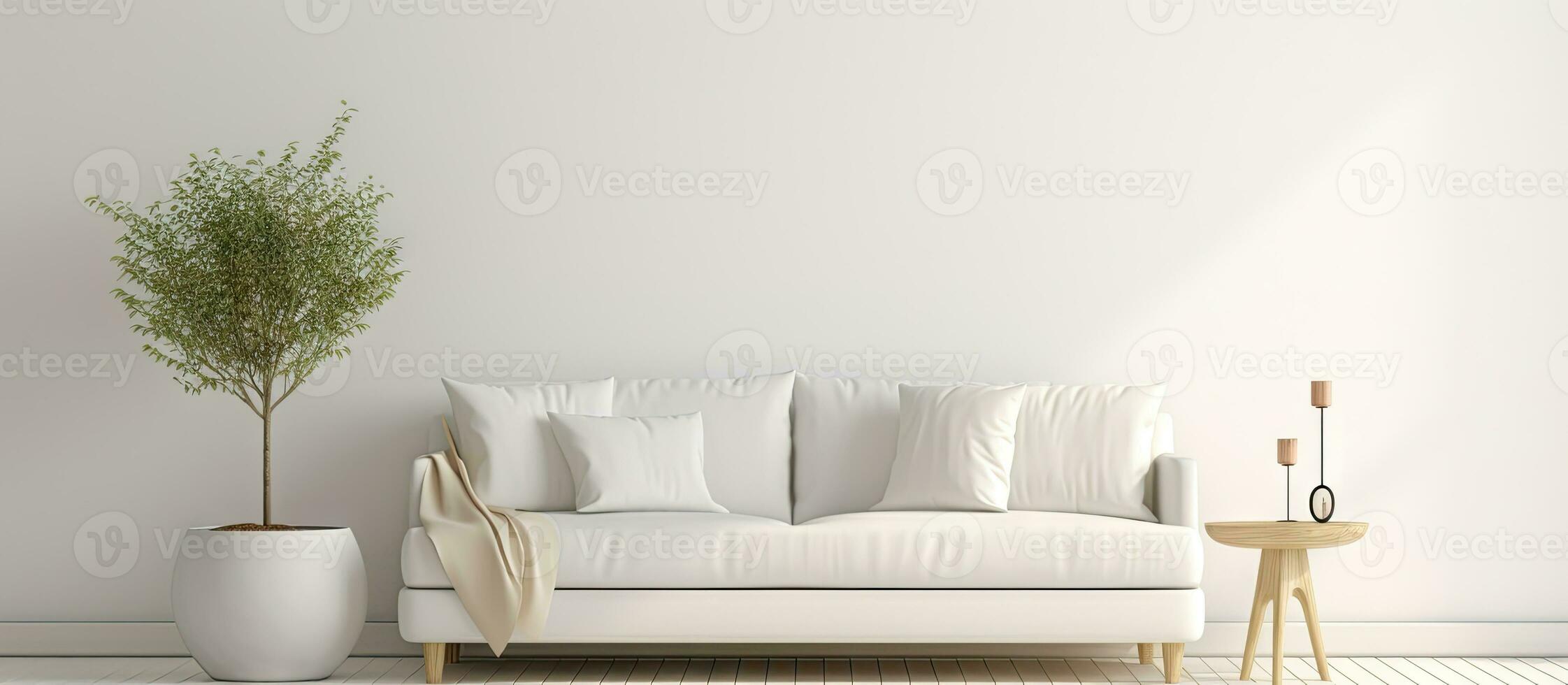 Scandinavian interior design featuring a white sofa in a illustration of a living room photo