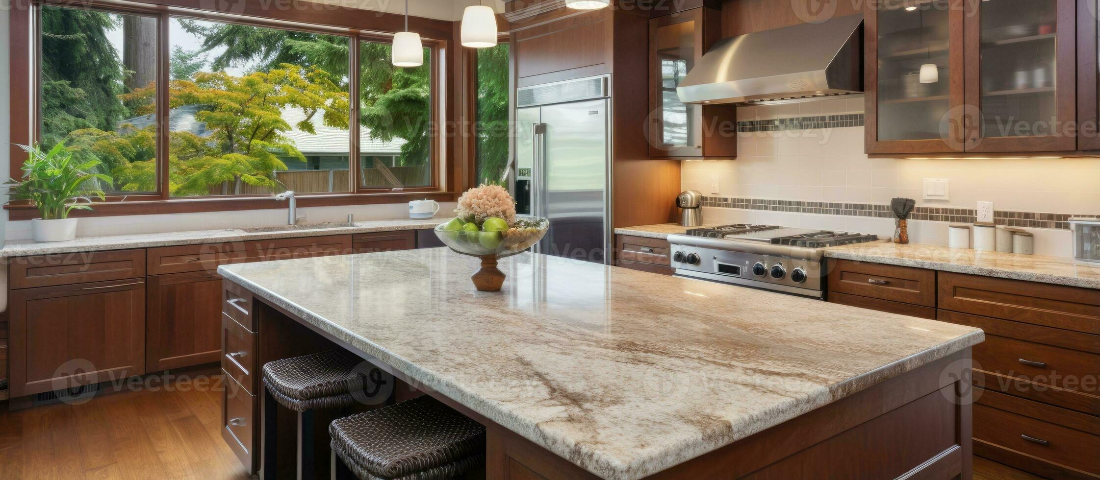 American kitchen interior with brown cabinets granite counter top island and hardwood floor photo