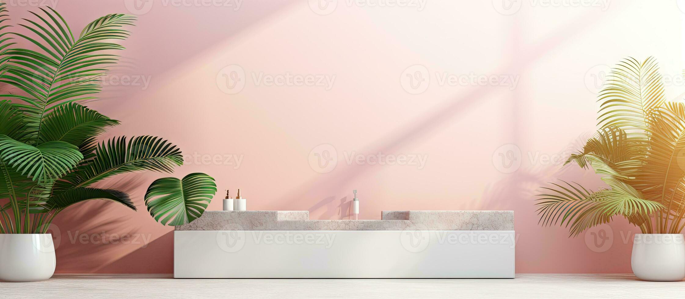 a bathroom with a pastel pink tile wall and floor featuring a natural beauty podium and tropical palm leaves as a background Empty space photo