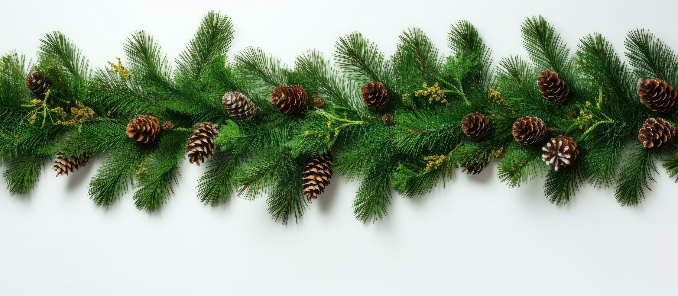 Conifer branches used to create a Christmas decoration White background top view photo