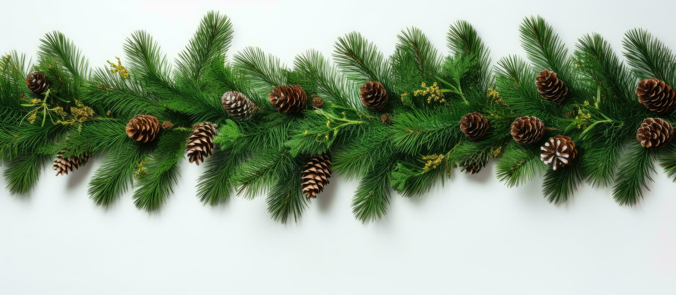 Conifer branches used to create a Christmas decoration White background top view photo