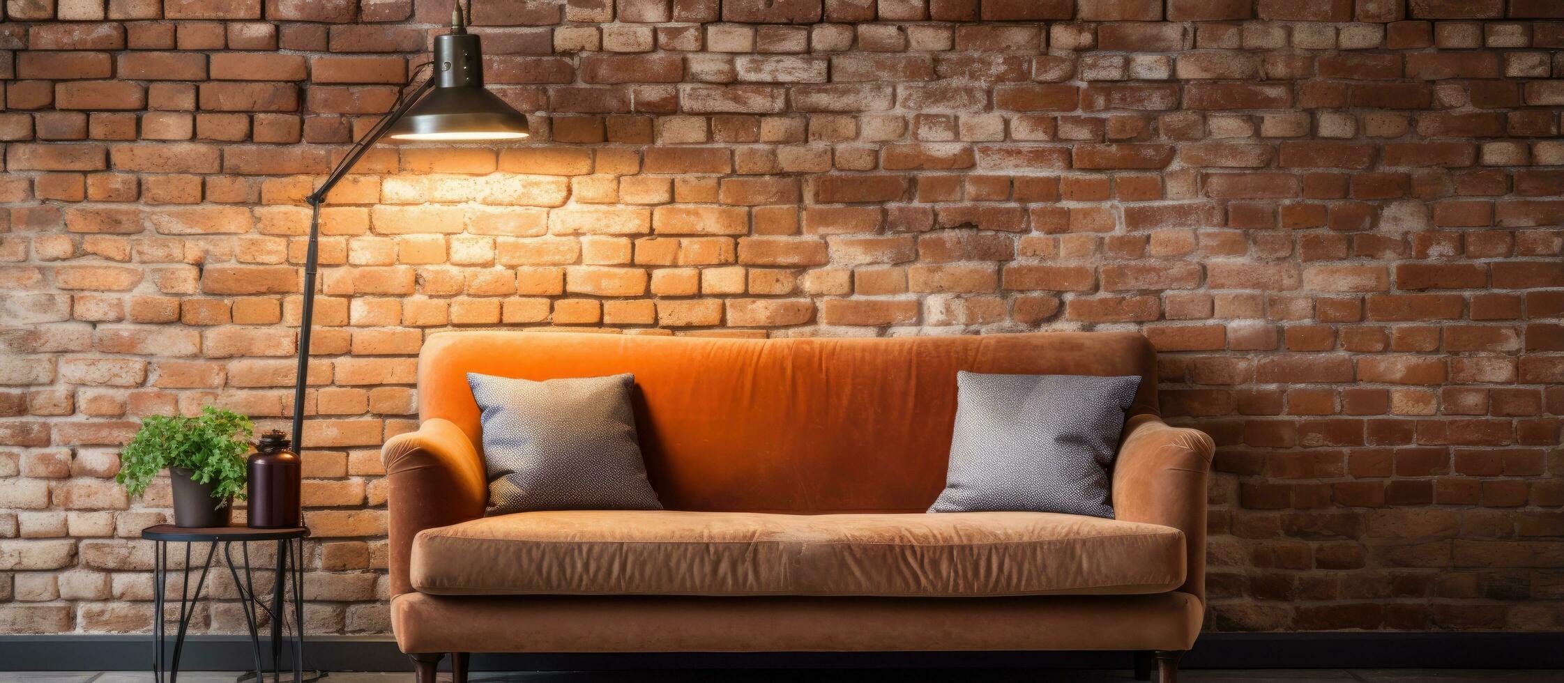 Cozy couch and lamp against brick wall photo