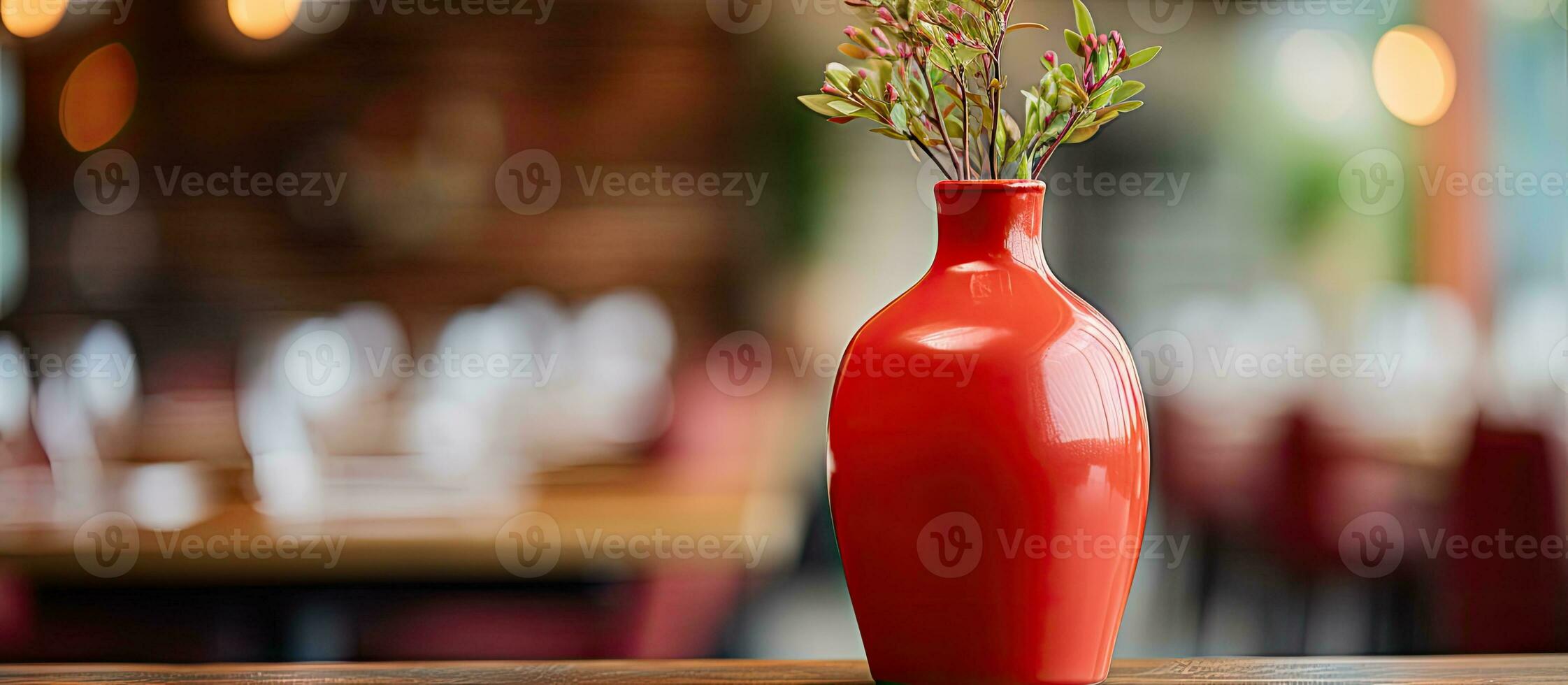 blurred background in a restaurant behind a red vase on a table photo