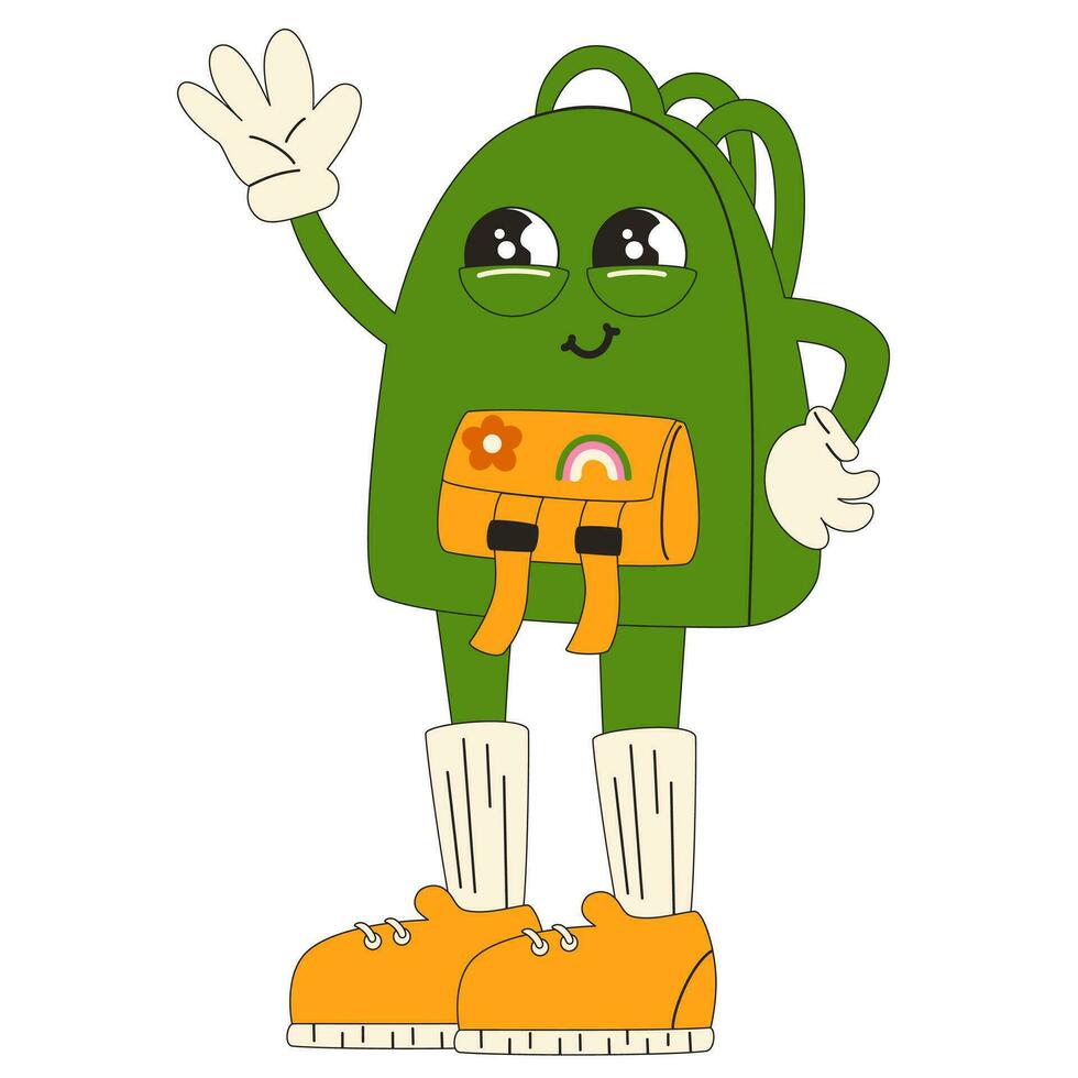 Backpack groovy character. Back to school. Knapsack. Funny school supplies. Retro groovy vector illustration