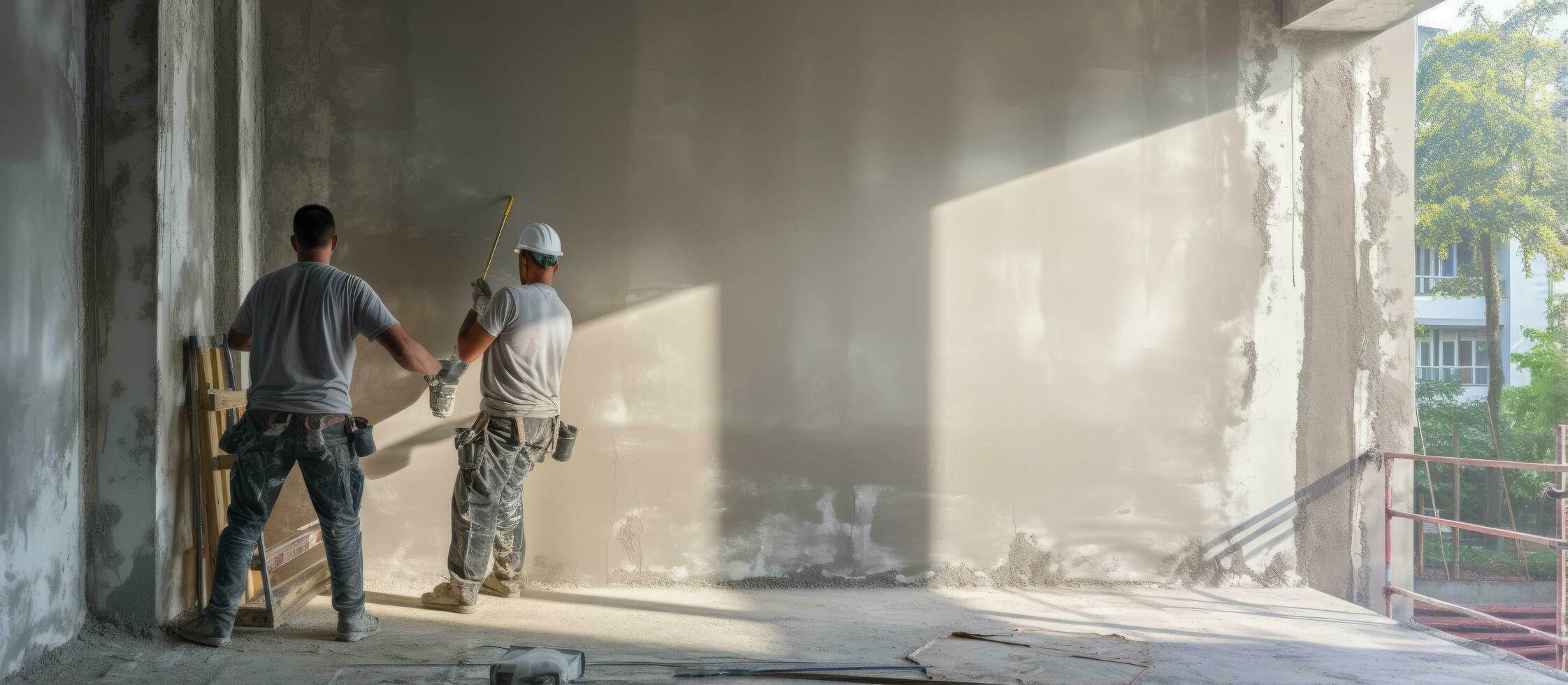 Construction workers using cement plaster to plaster a building wall photo