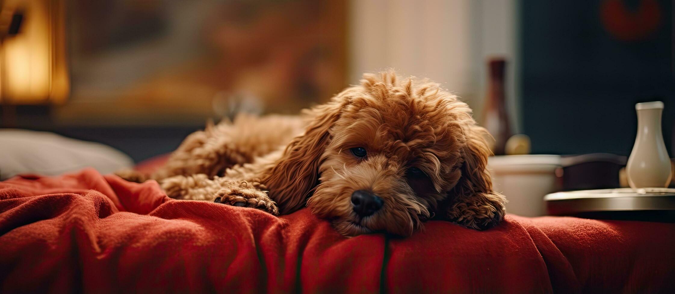 Tired red dog resting on owner s legs loved and cared for by old lady celebrating holidays with family photo