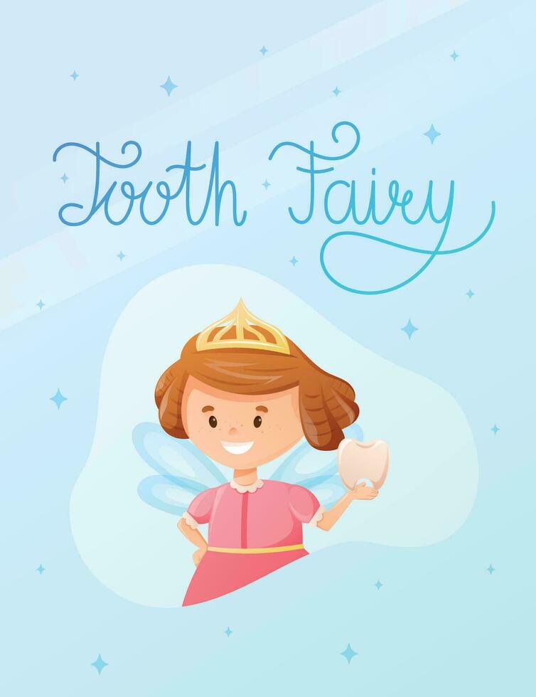 Cartoon girl character, tooth fairy with wings and crown. Vector banner with lettering.