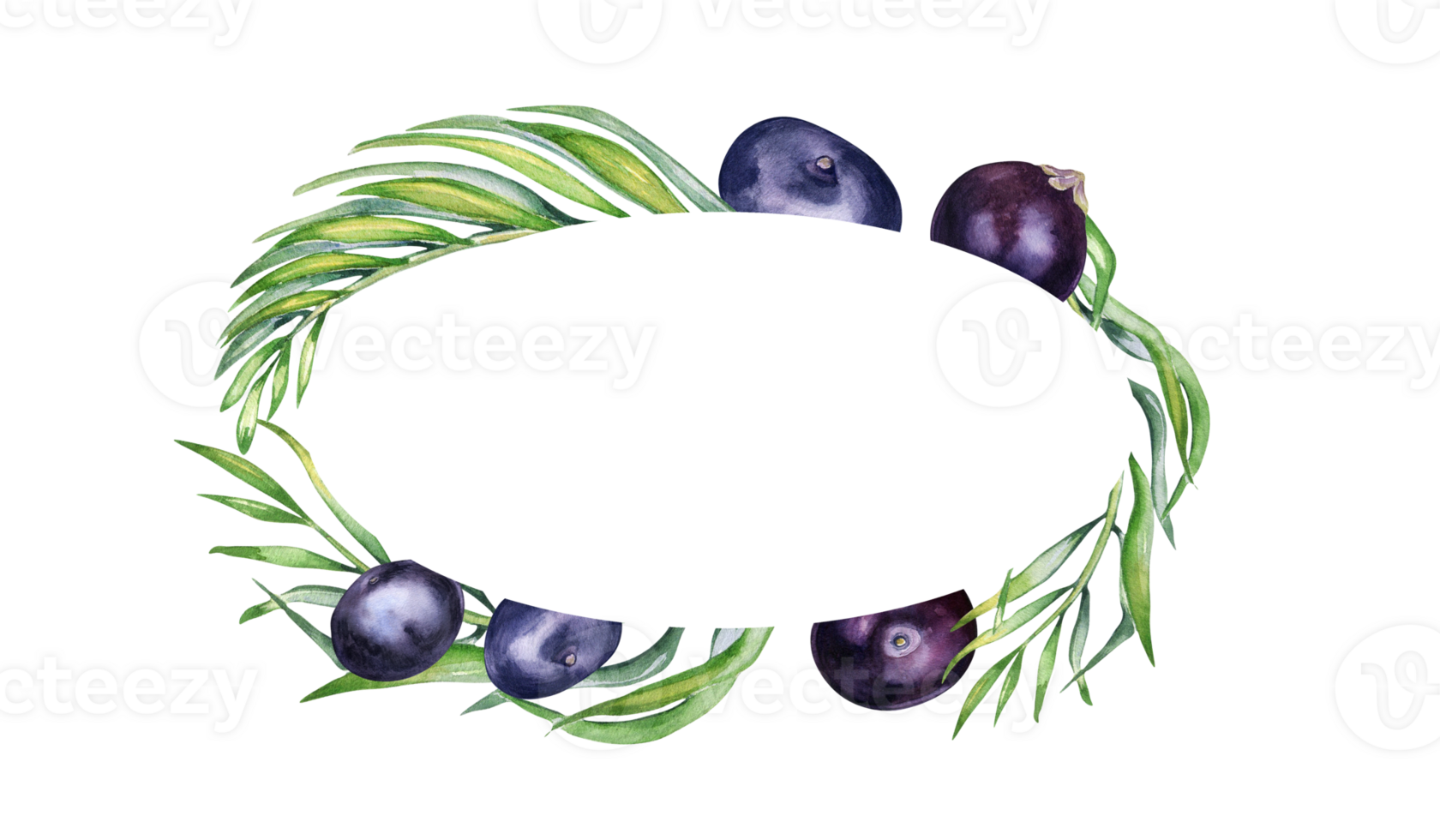 Wreath of acai berries and palm leaves watercolor illustration. Exotic amazon small purple berries, tropical fruit hand drawn. Design element for packaging, label. png