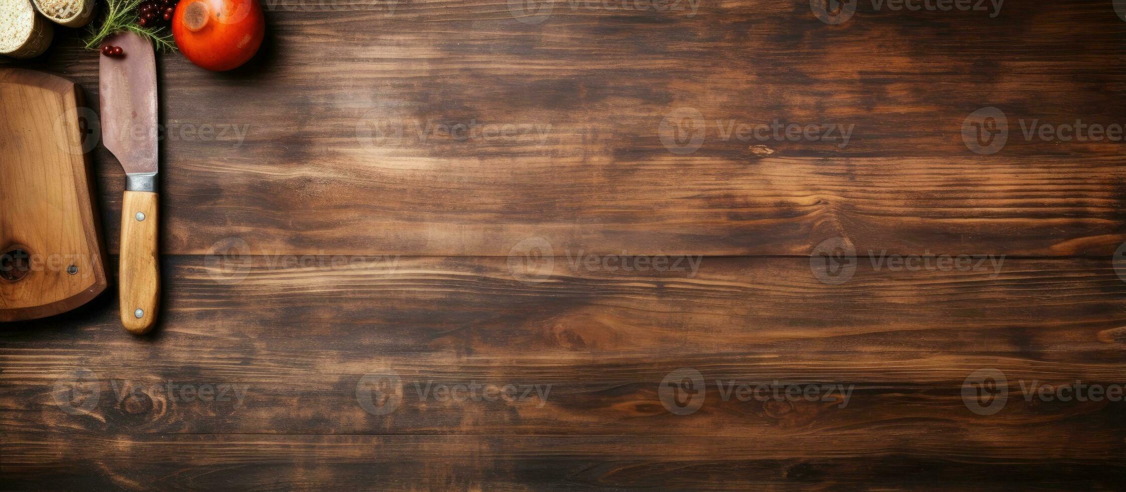 Closeup of wooden kitchen board in home interior concept photo