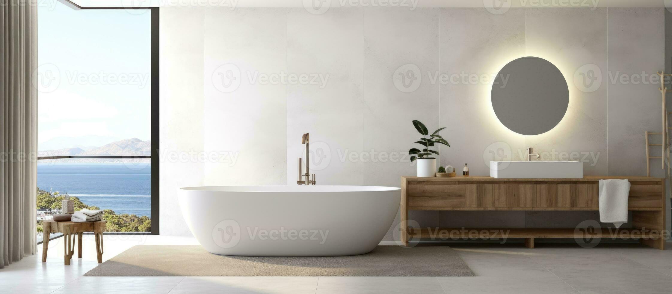 un panorámico baño con blanco y mosaico paredes embaldosado piso cómodo bañera blanco lavabo con de madera gabinete y espejo foto