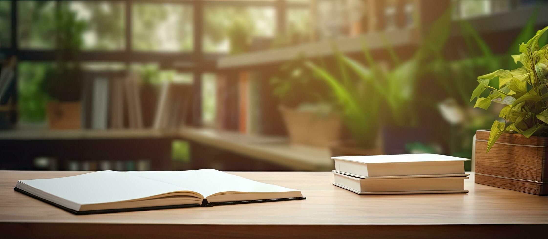 Office desk with books notebooks and documents photo