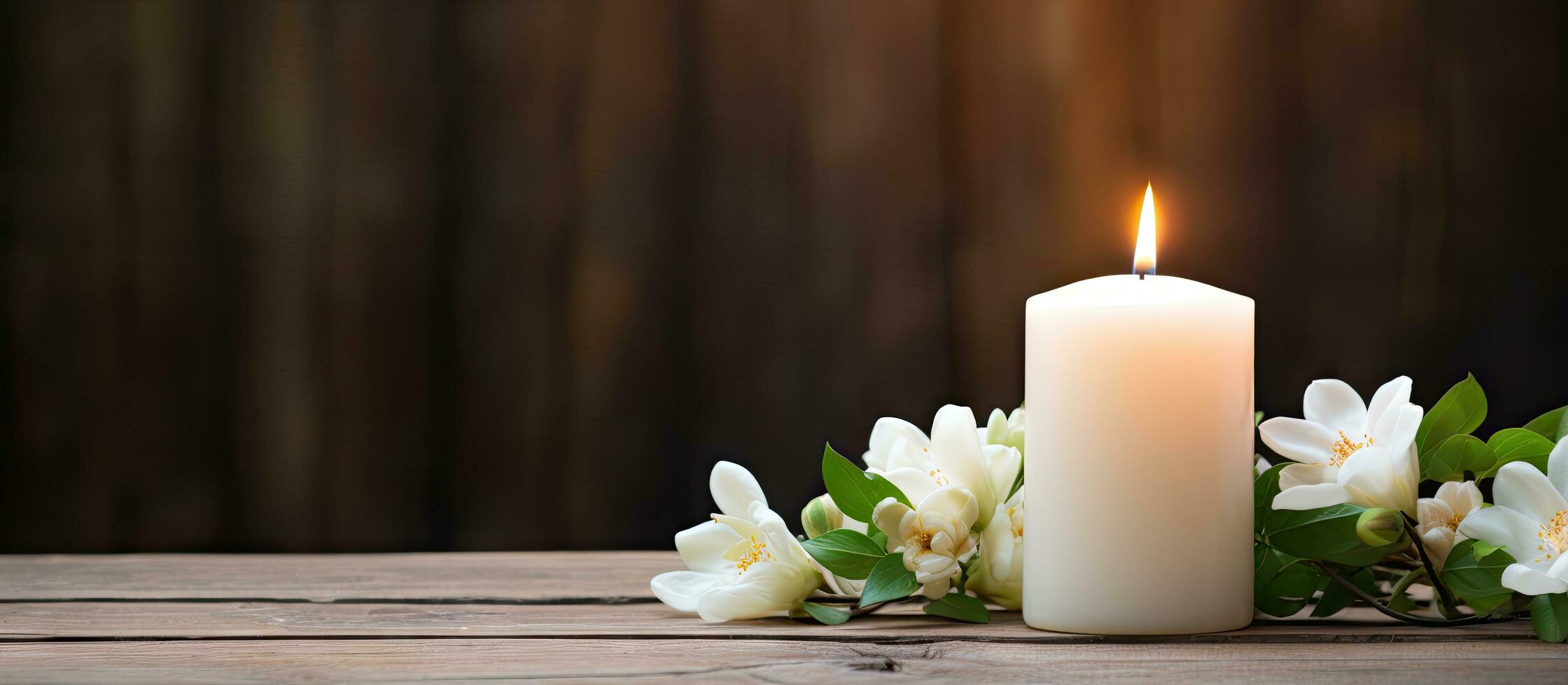 Flowers and candle on bench photo