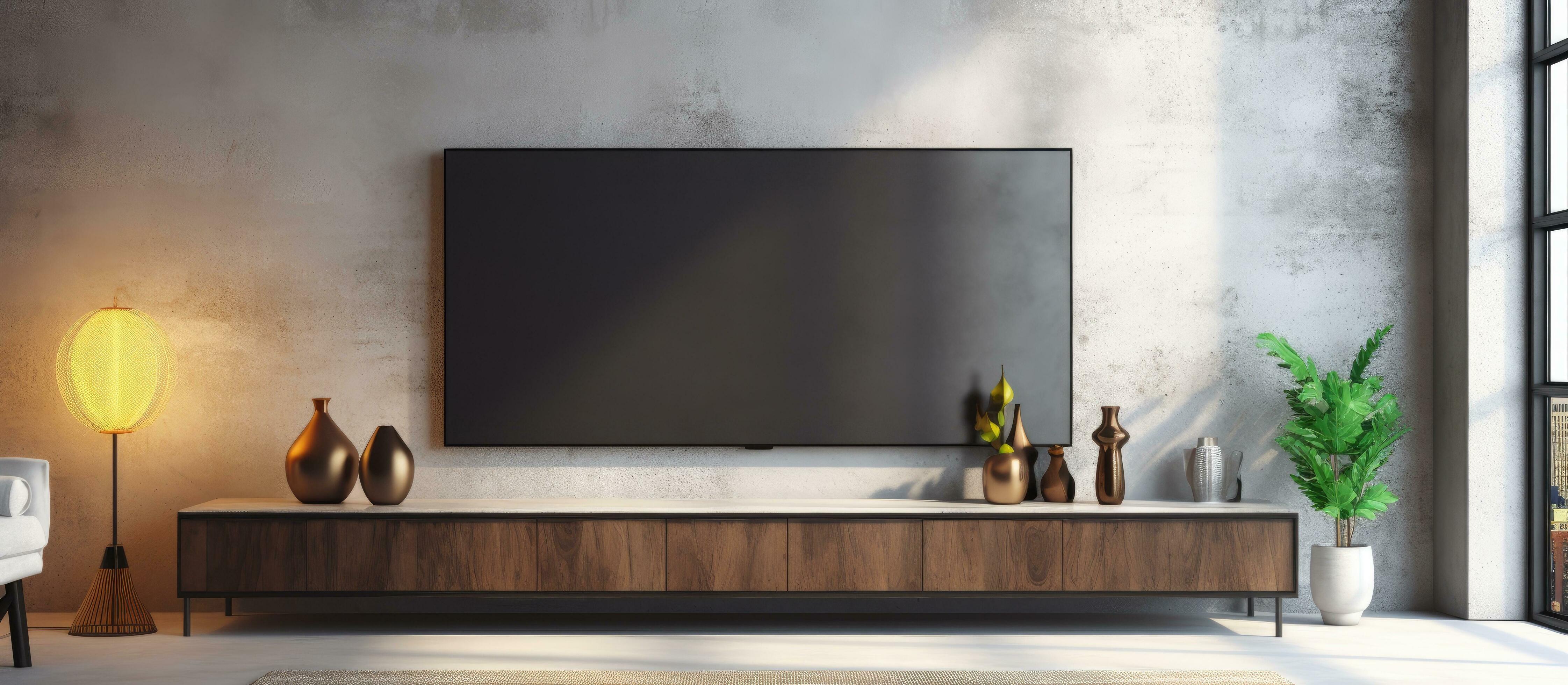 Modern loft with tall entertainment center and large flat panel TV Shot