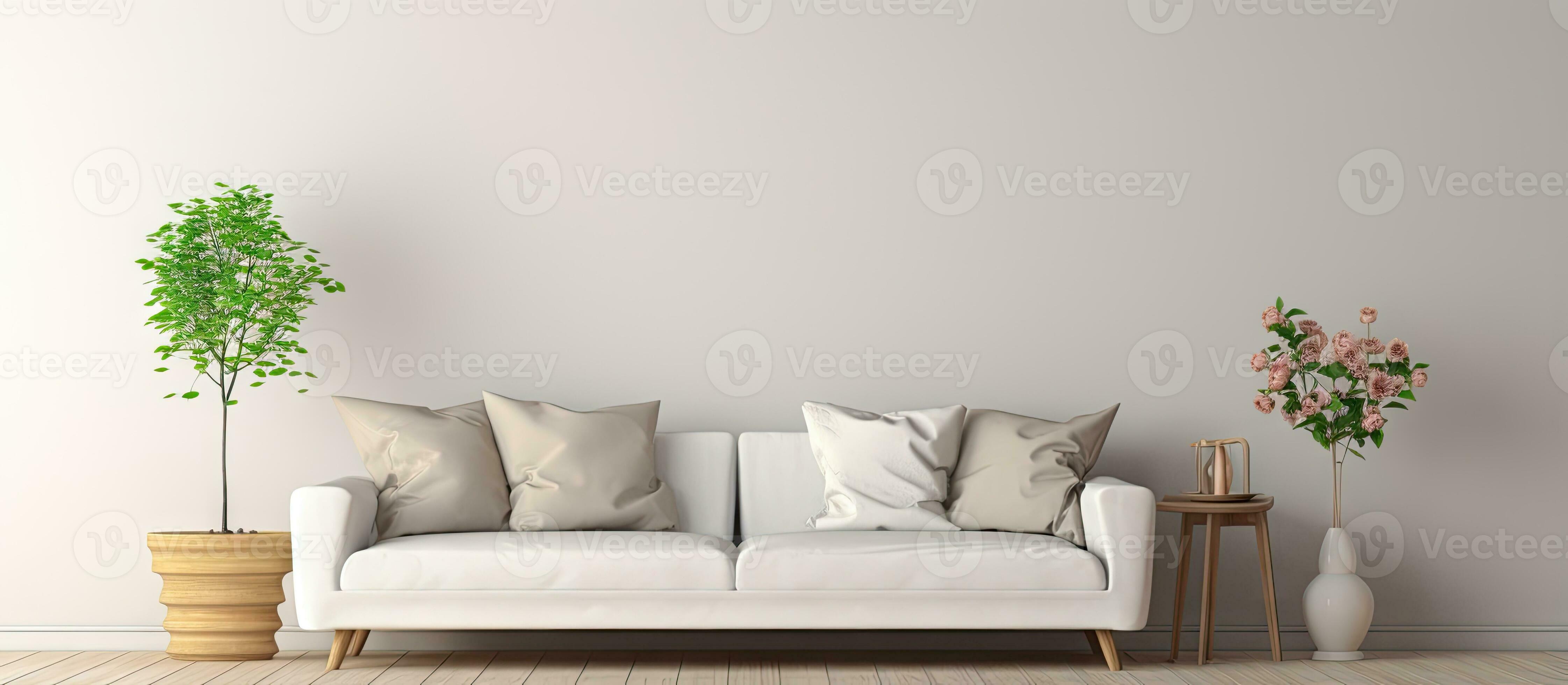 Living room with sofa lamp table and flowers near wall 27940928 Stock