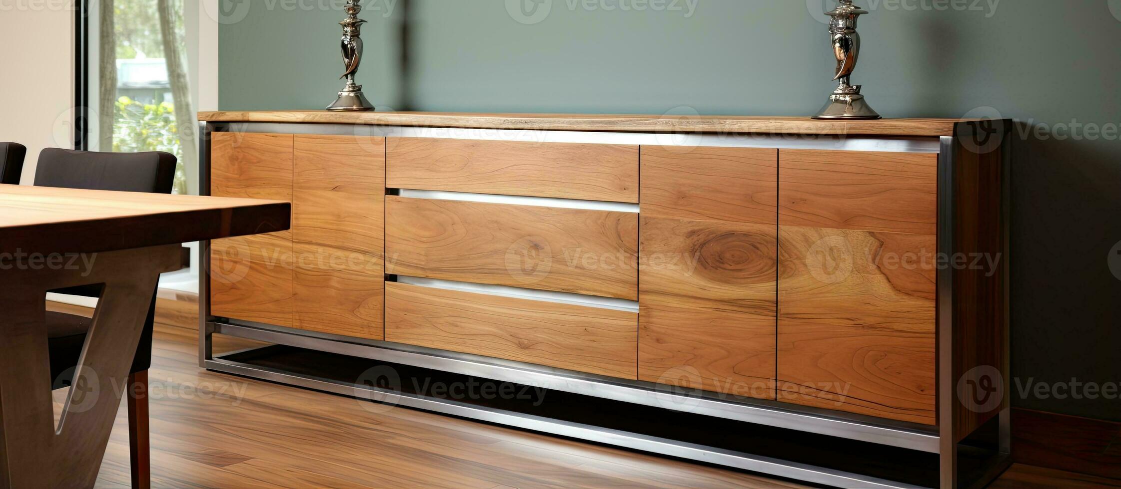 Modern teak dining buffet with stylish stainless steel accents for a beautiful home interior photo