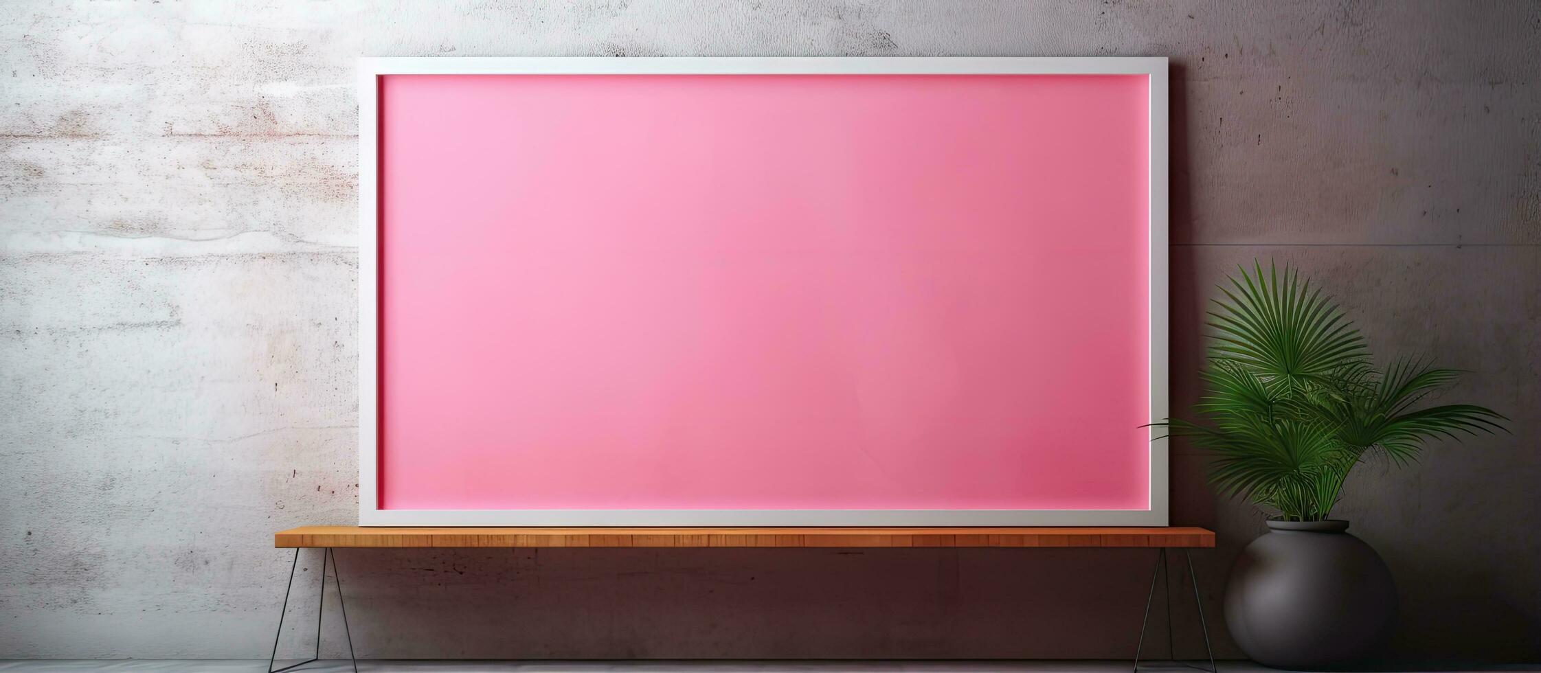 Create a a poster frame in a trendy interior with pink tones and concrete wall photo