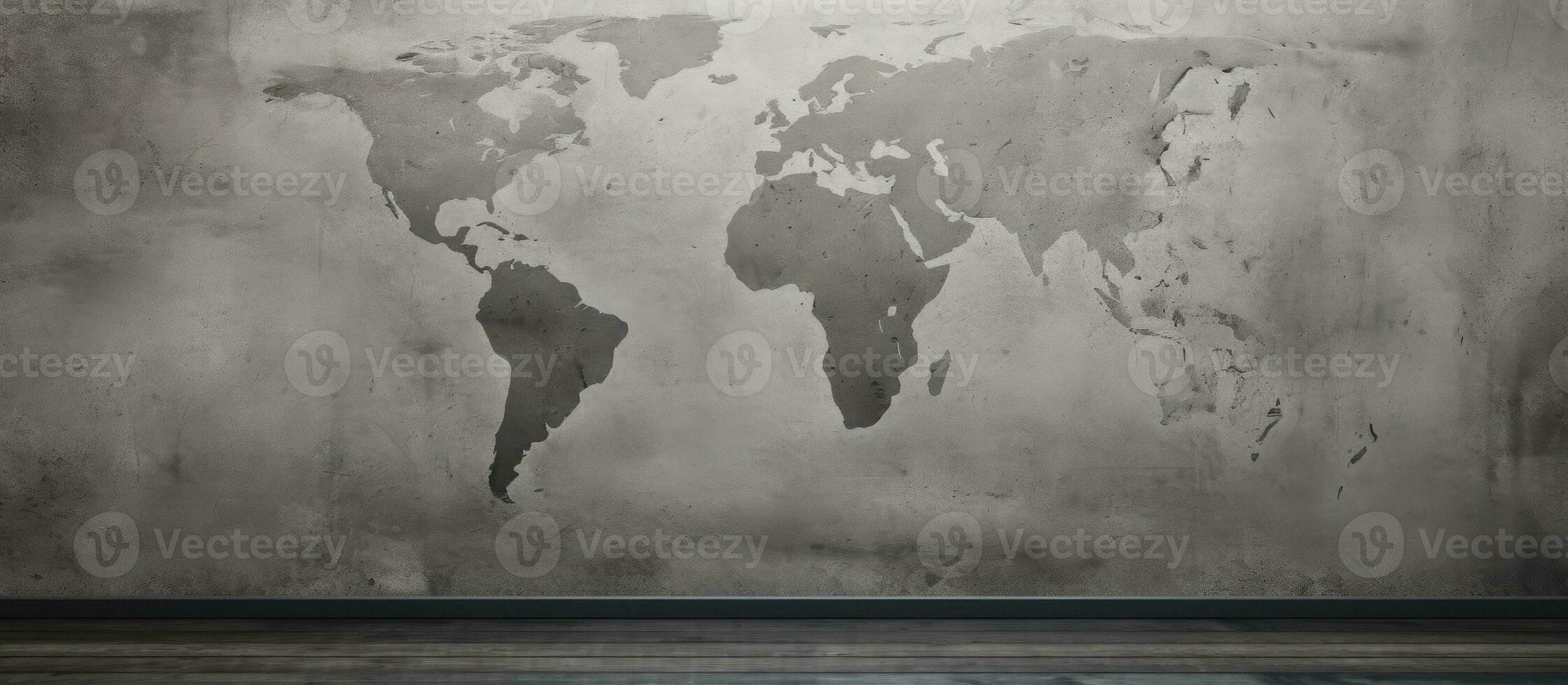 Concrete plaster used for loft style wall or floor texture with abstract surface background suitable for wood table or terrace with world map photo