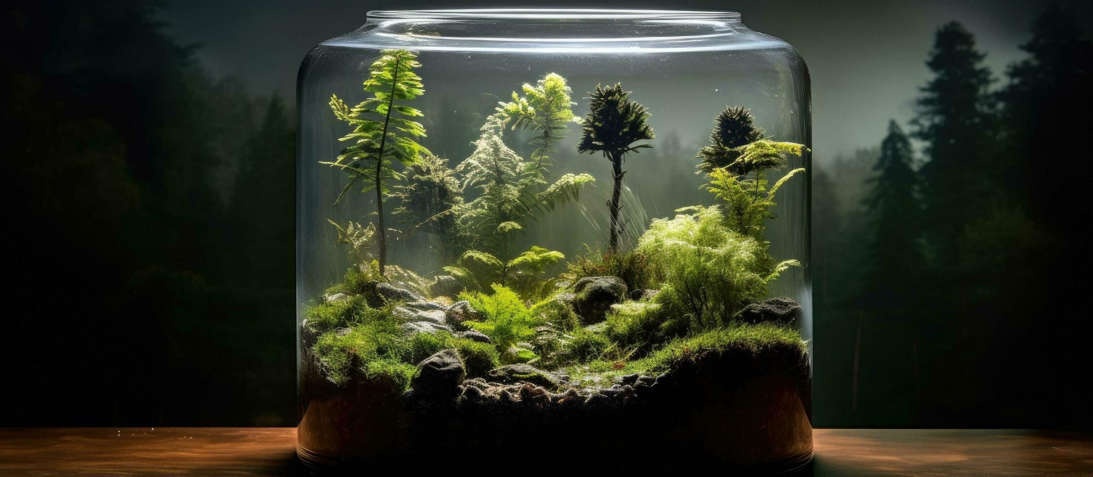 Condensed moisture forms inside a terrarium as photosynthesis creates water vapor which is then absorbed by the soil photo