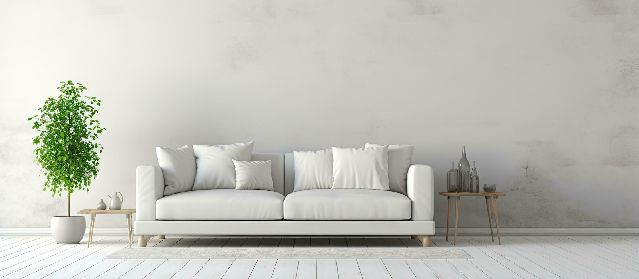 Scandinavian style illustration of a white minimalist living room with a sofa photo