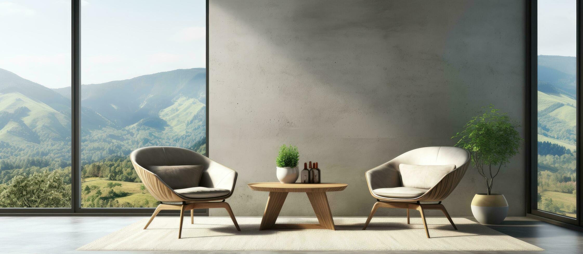 de un contemporáneo acogedor espacio con sillones aparador con obra de arte y café mesa en un hormigón piso panorámico campo ver desde un grande ventana foto