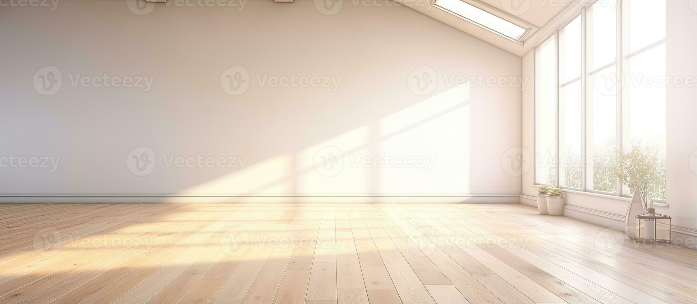 Rendered illustration of a cozy bright loft with laminate flooring photo