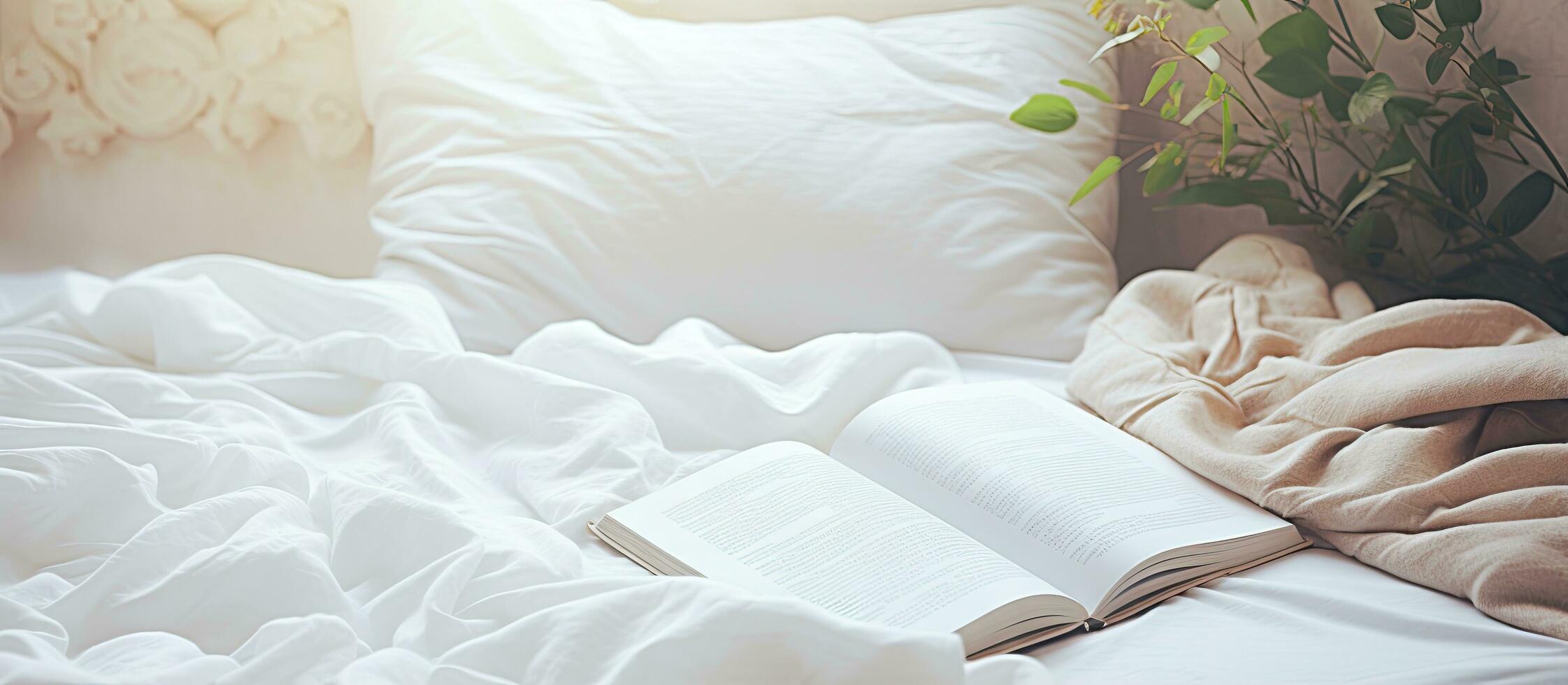 White bedding on the bed with a notepad and interior design mockup photo