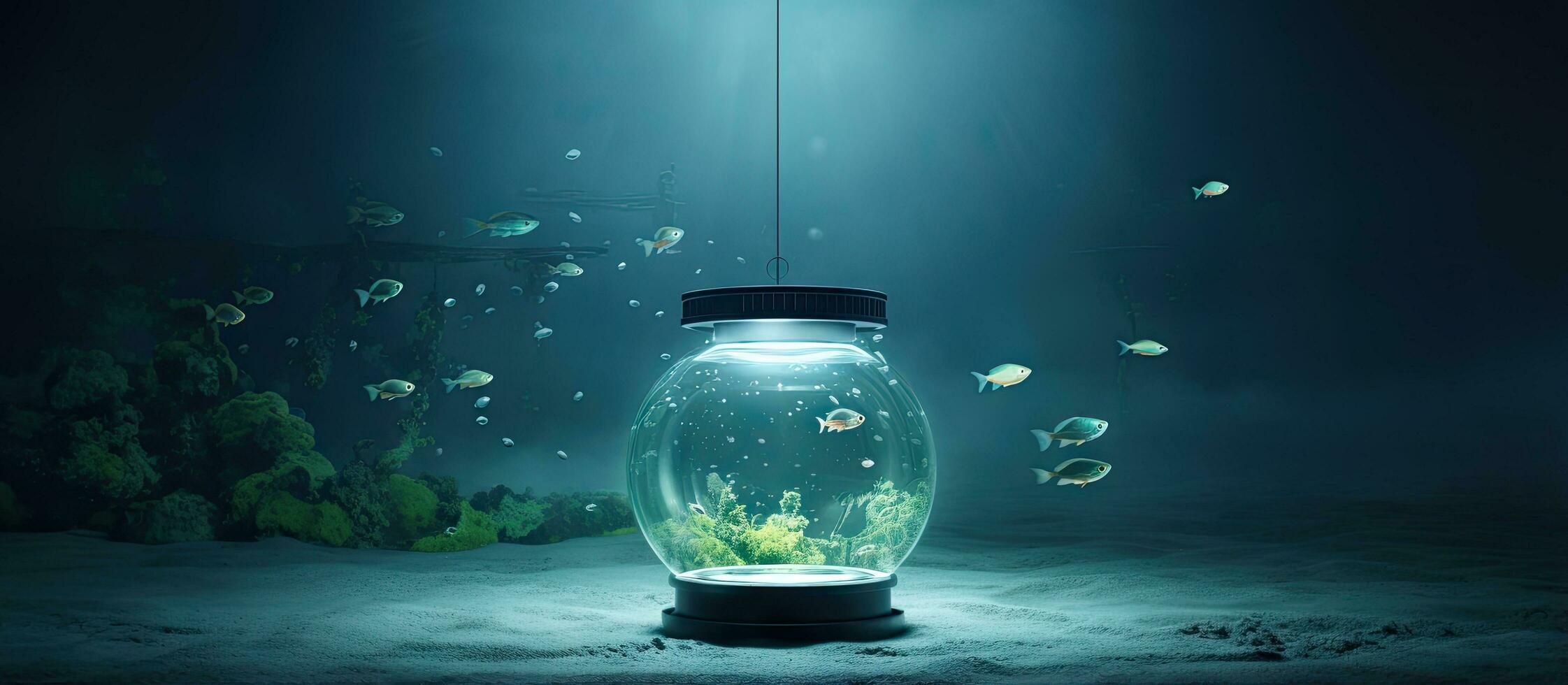 A luminous circle under the water with a lamp behind the filled tank photo