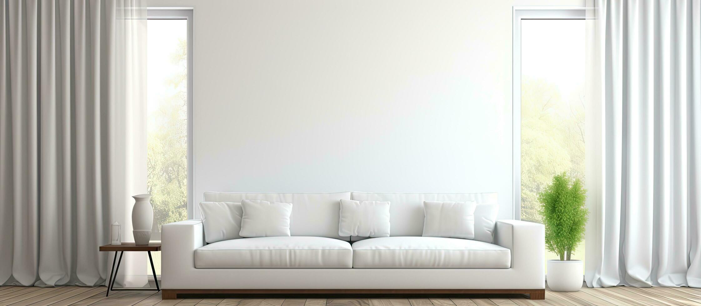 Minimalistic white living room with wooden floor frames on a large wall and a white landscape seen through a window with curtains Nordic style home interior depiction photo
