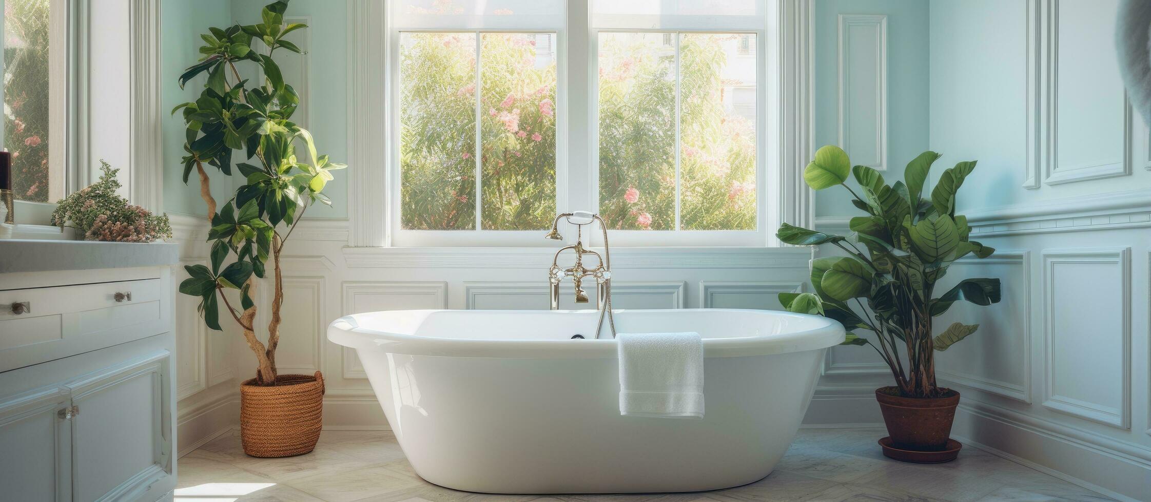 Stylish bathroom features luxurious bathtub photo