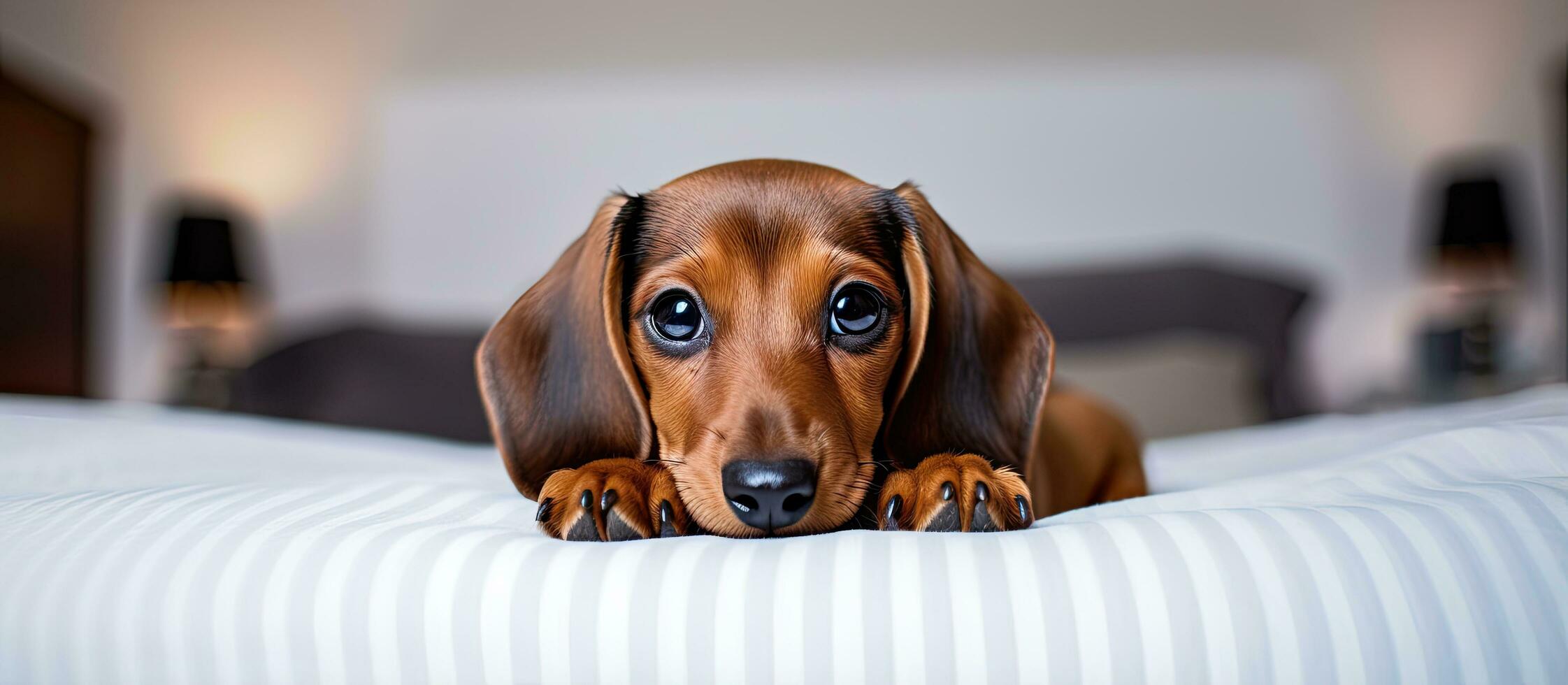 Adorable Dachshund on bed in house photo