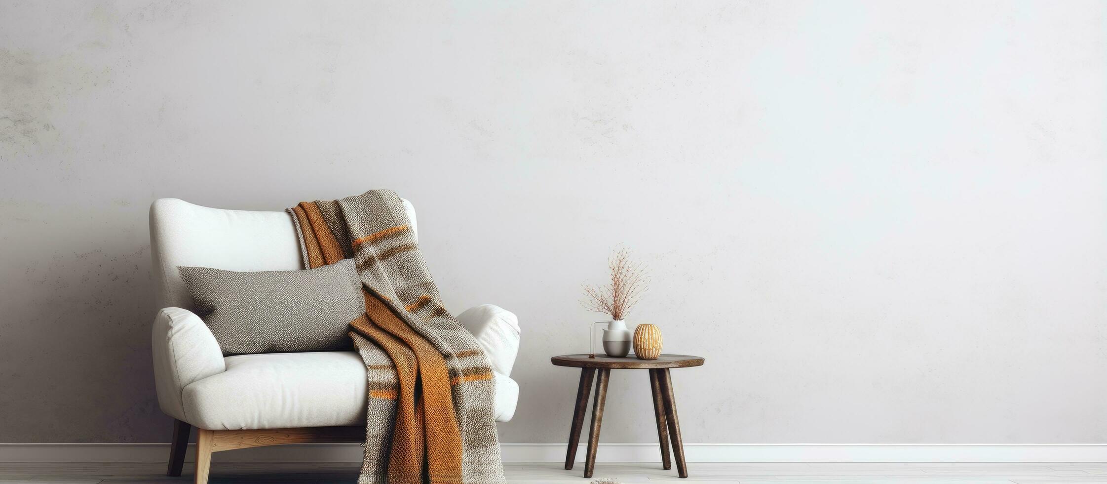 Contemporary living room with armchair and knitted throw photo