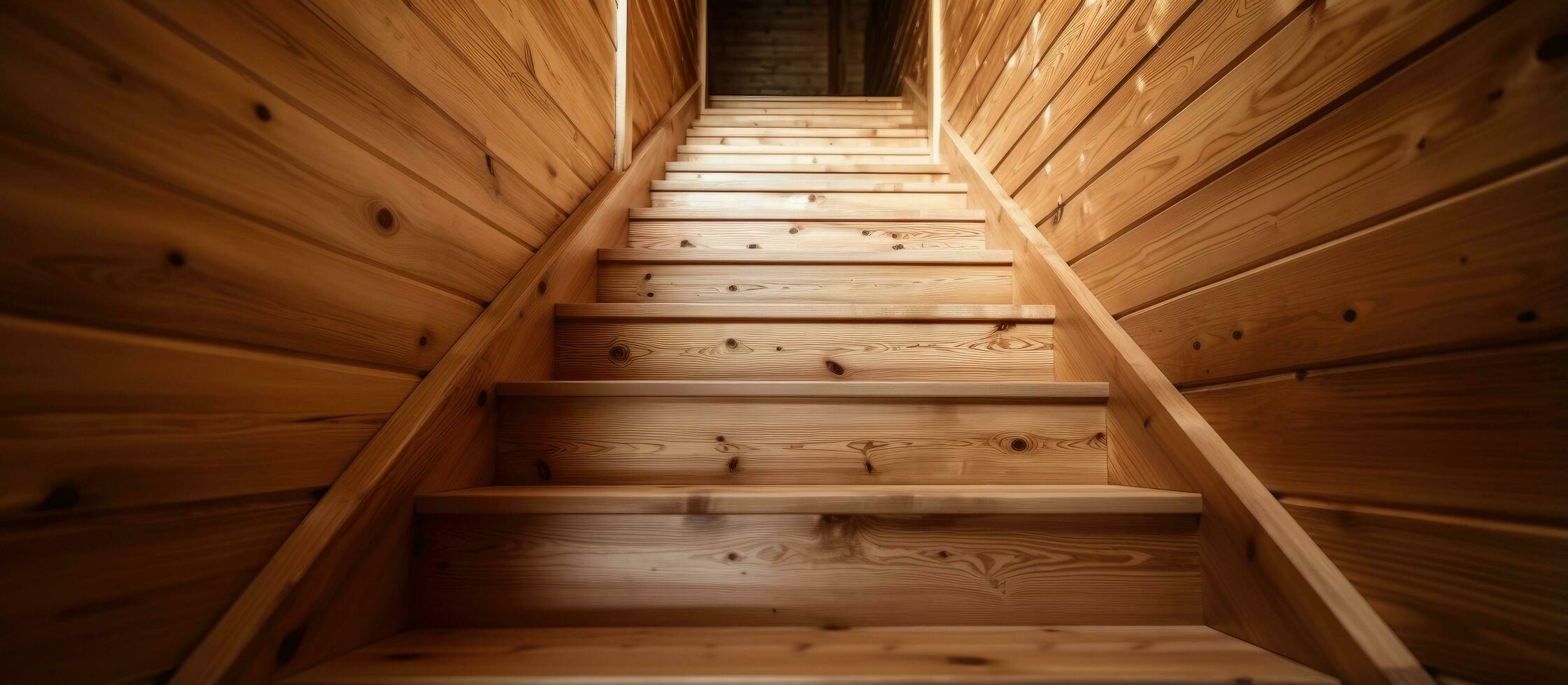 Perspective view of a pine staircase made of wood photo