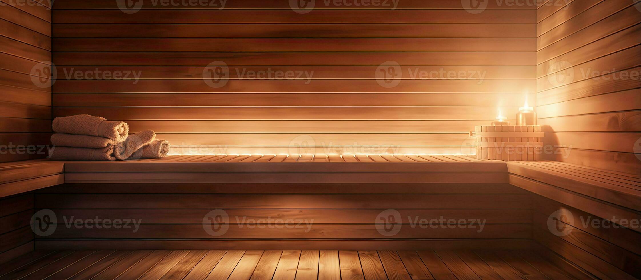 Close up view of an infrared sauna with wooden walls bench and ceramic heaters emphasizing a healthy lifestyle photo