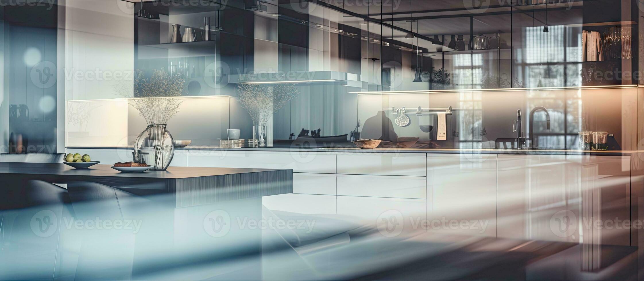 Modern and elegant kitchen interior design in a defocused and blurry photo