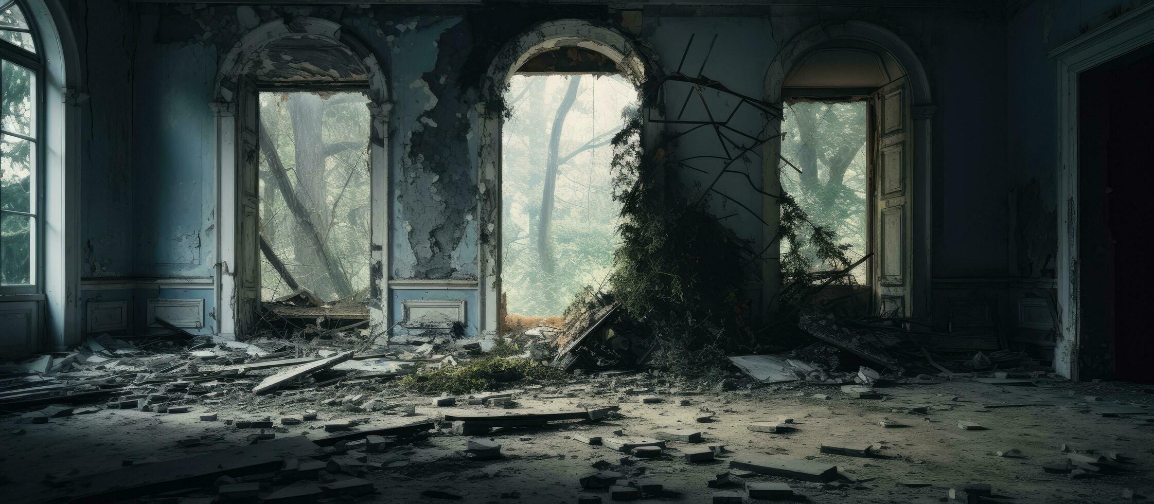 Interior of abandoned old house destroyed photo