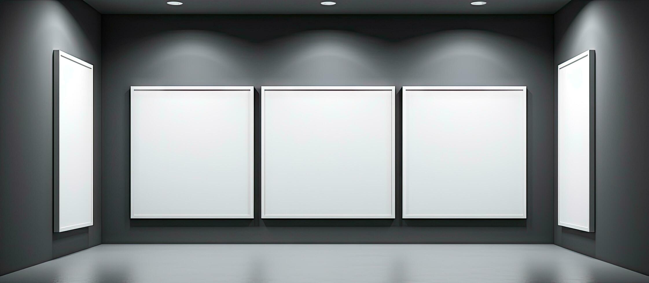 Modern gallery exhibiting contemporary artwork with framed pictures displayed on walls rendered in photo