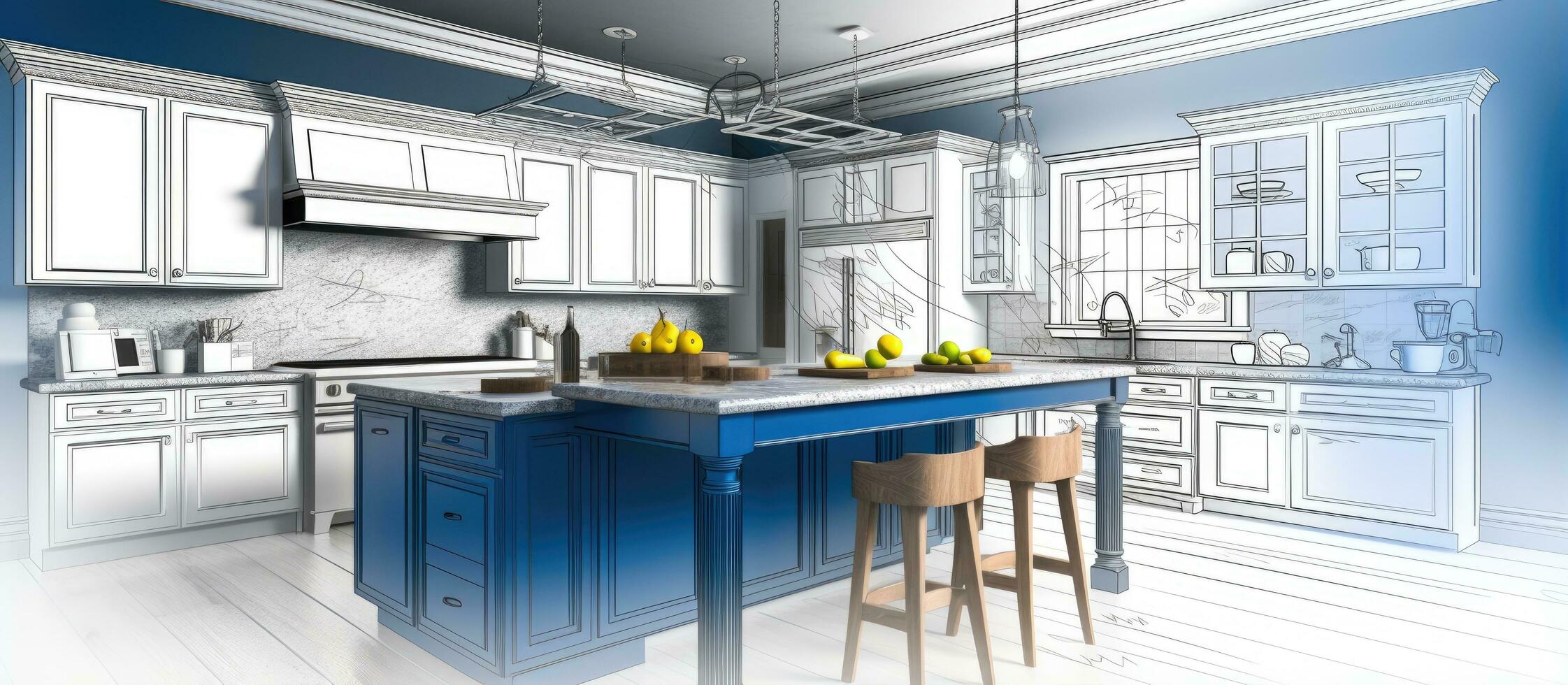 Stunning personalized kitchen design with blue color scheme visualized in a drawing and photo blend
