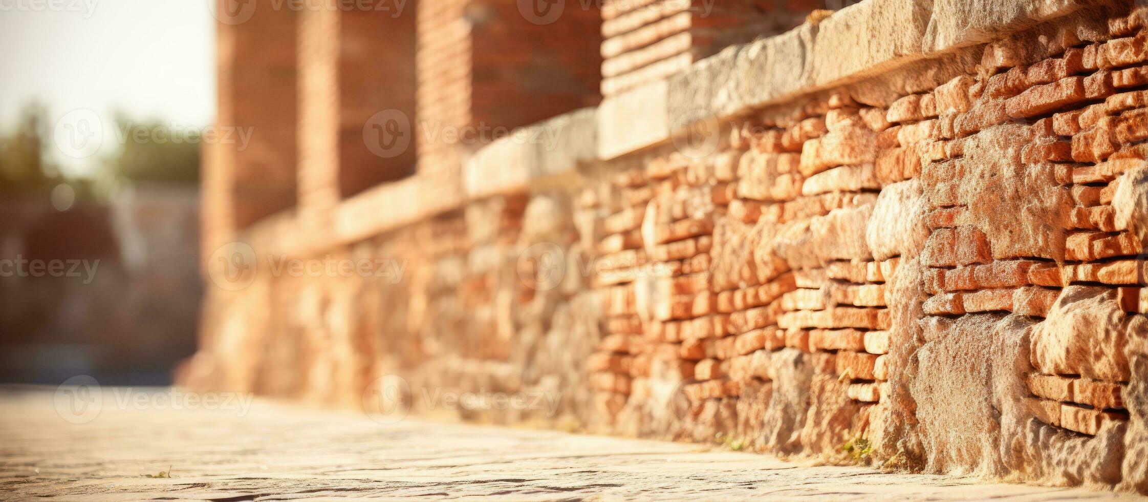 Close up view of Roman brick wall with blurred buildings in background on sunny day Empty area available photo