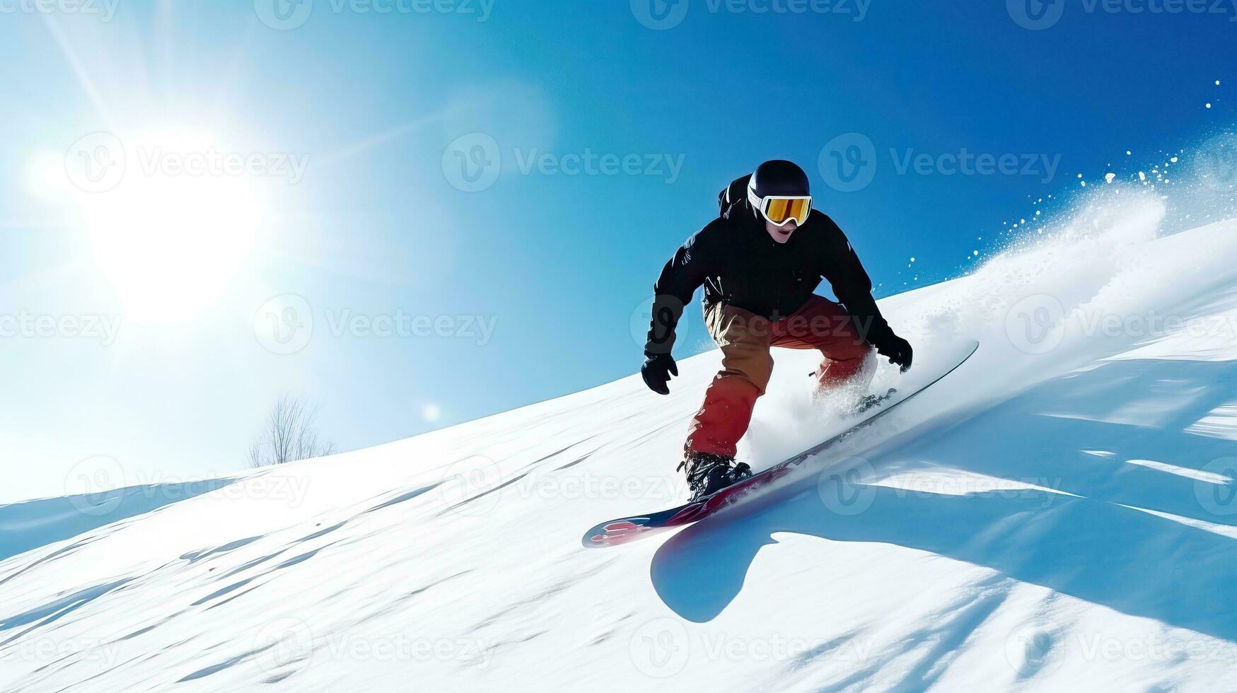 Slope Shredding - Guy Expertly Snowboarding in Mountains - Generative AI photo