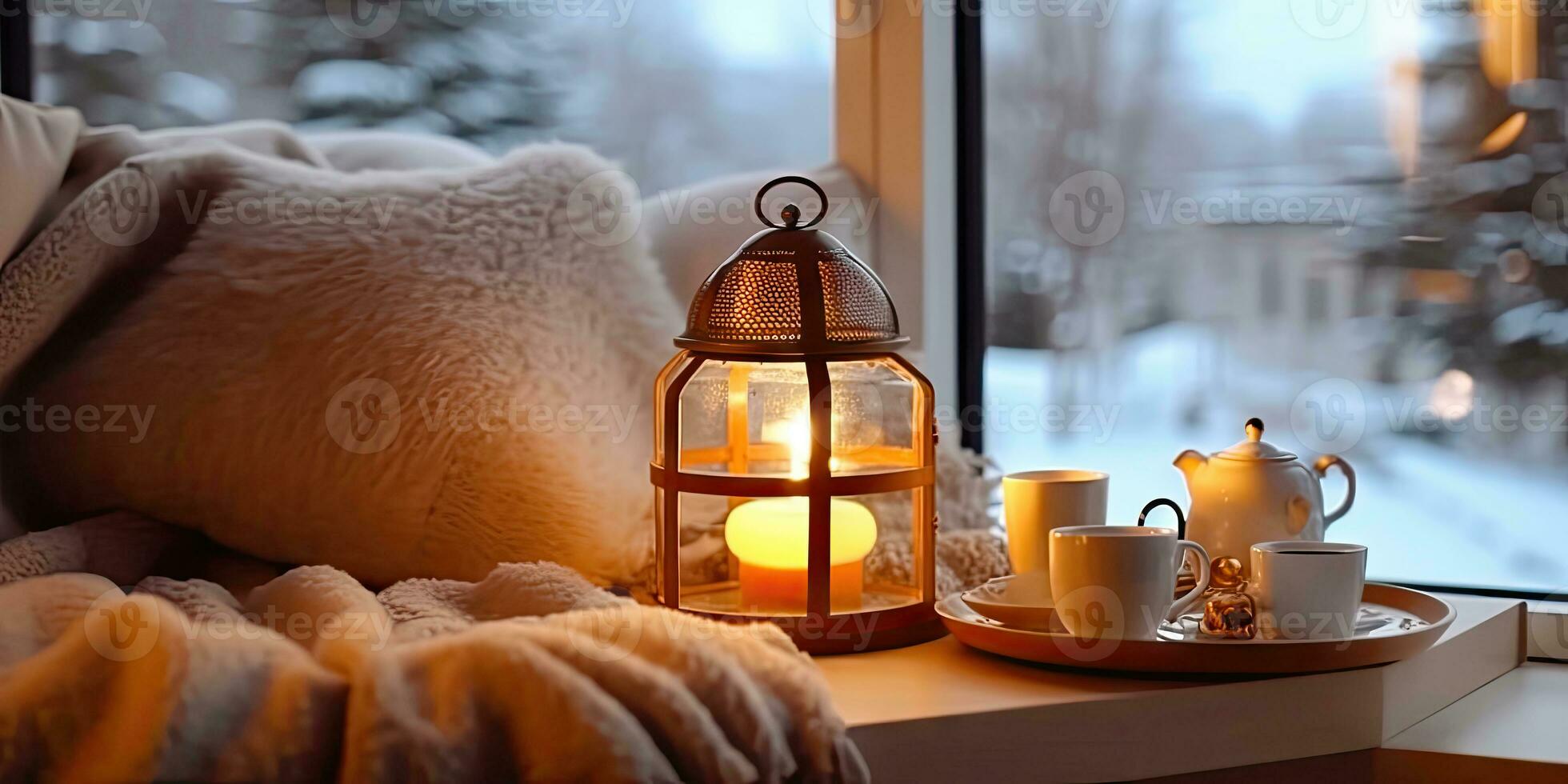 Cozy Retreat - Embracing Winter's Beauty from Indoors - Generative AI photo