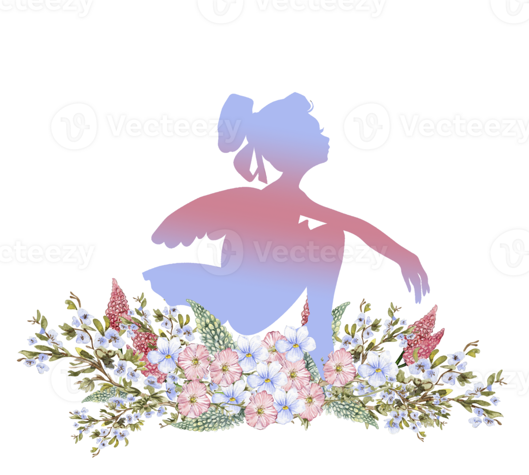 Composition of dancing ballerina with flowers. png