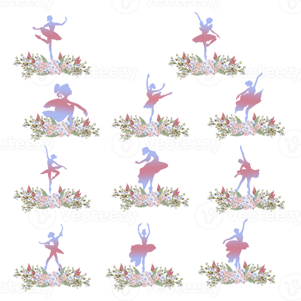 Composition of dancing ballerina with flowers. png