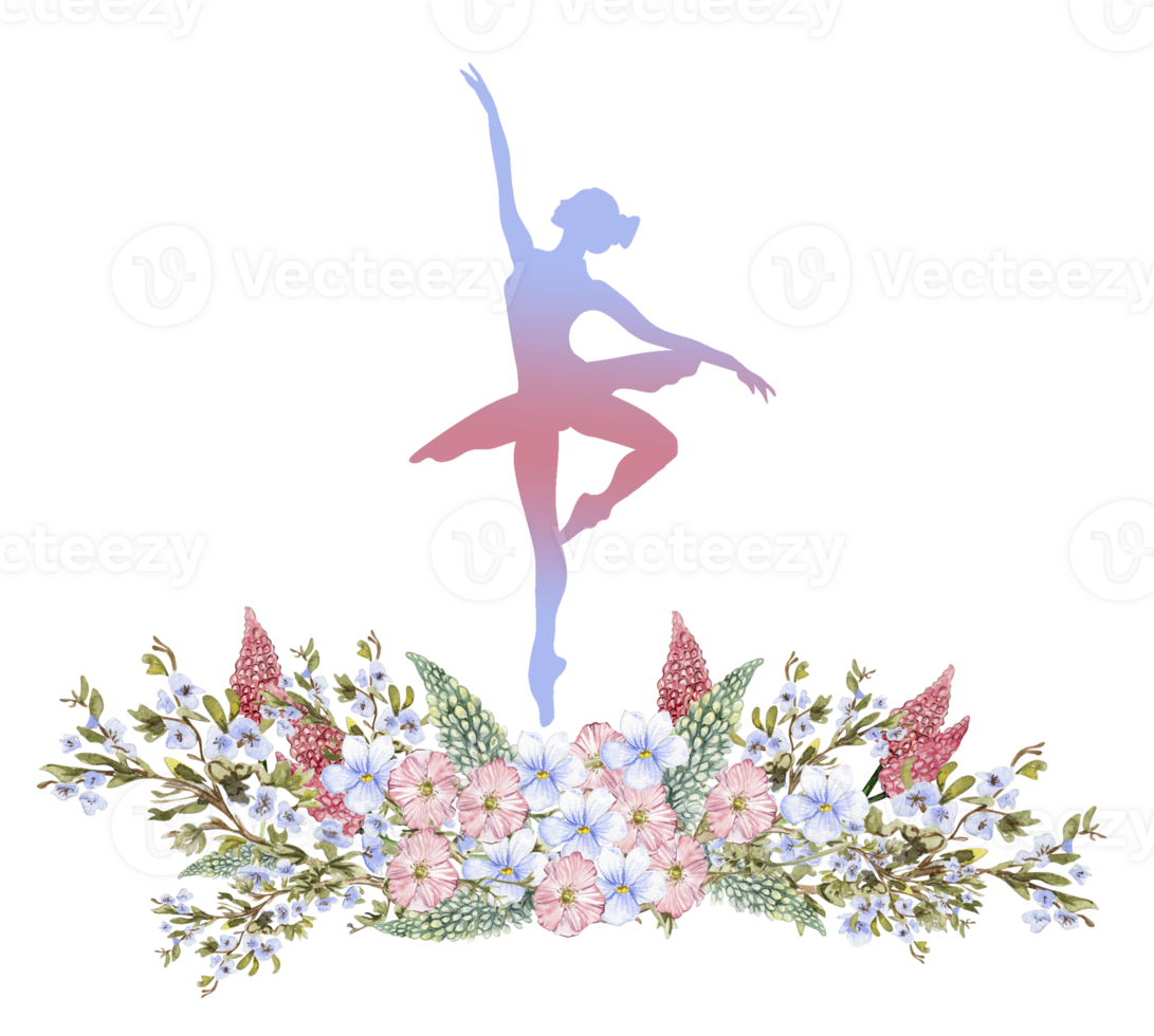 Composition of dancing ballerina with flowers. png