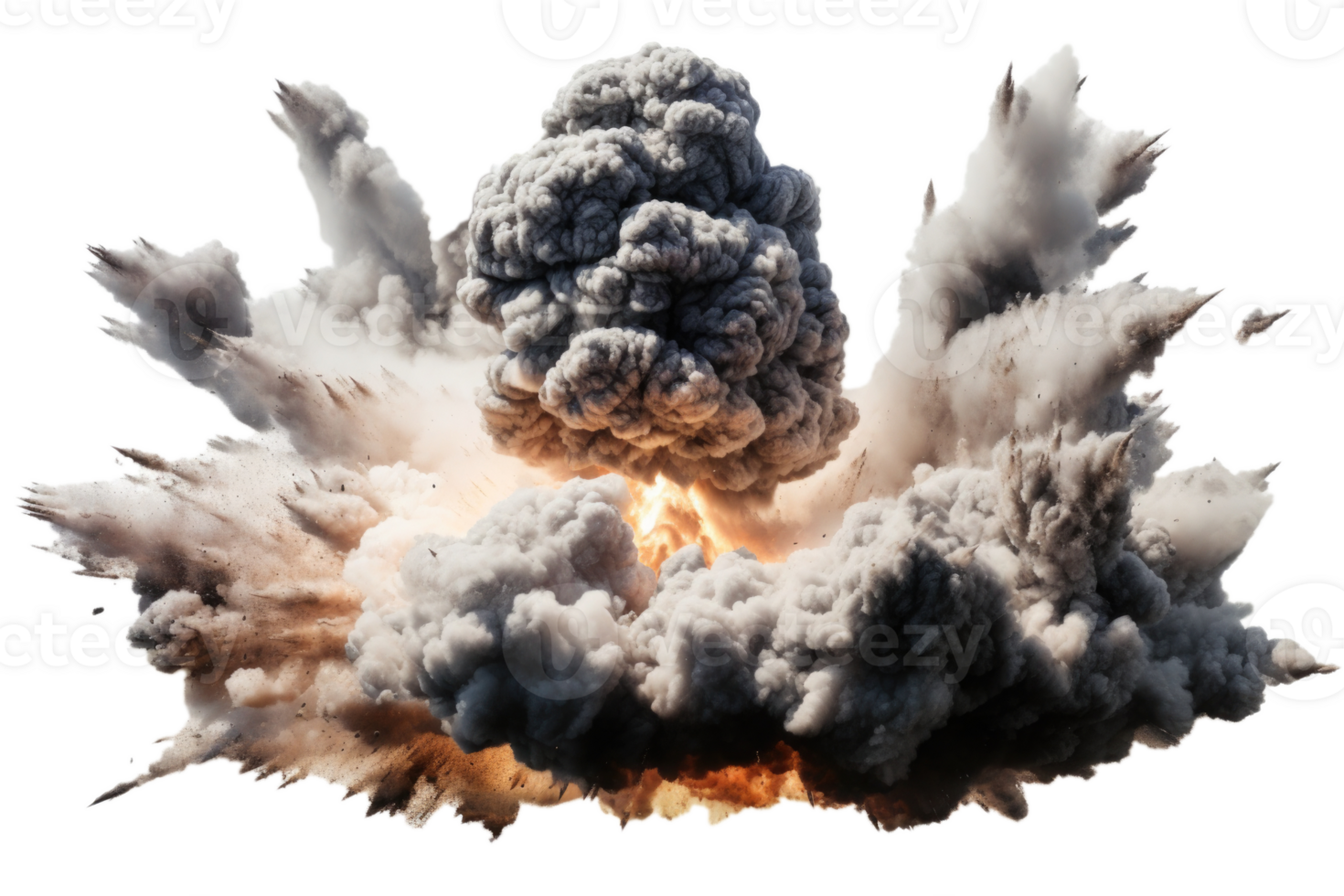 Bomb explosion with fire flames and smoke, isolated on transparent background png