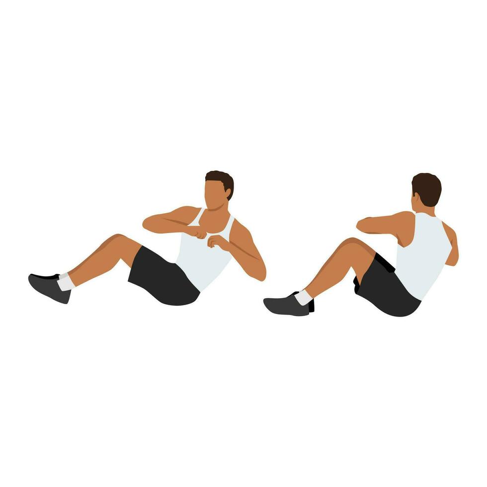 Man doing Russian twists exercise. Flat vector illustration isolated on white background