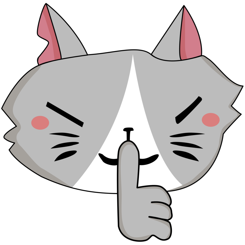 grey little cat character holding hand near mouth silence. Shhh symbol png