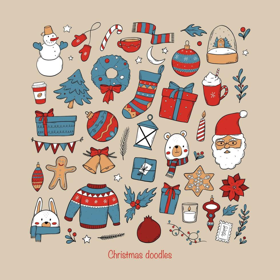 Christmas clip art, cartoon elements collection, doodle set for stickers, prints, cards, posters, signs, etc. EPS 10 vector