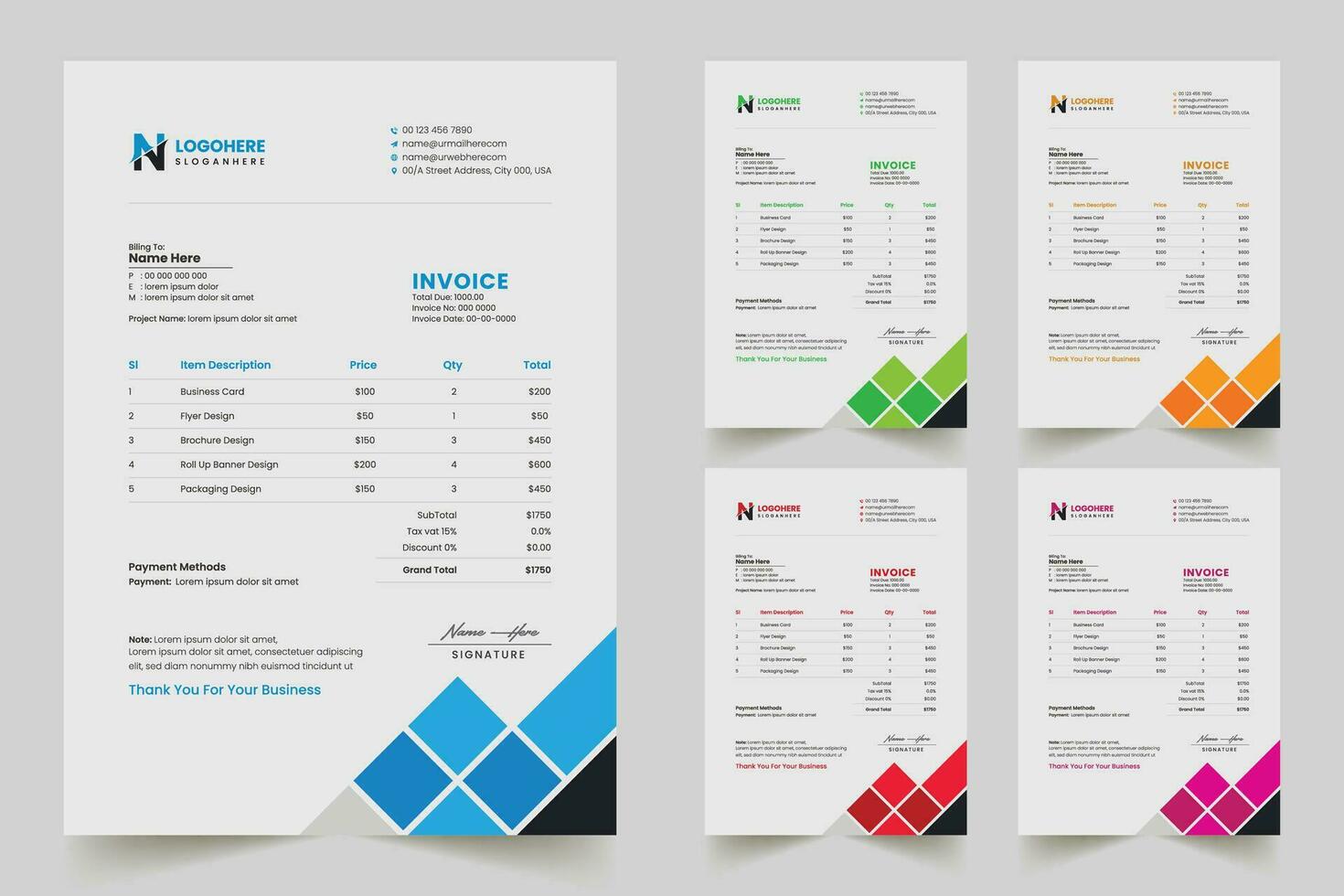Invoice minimal design template. Bill form business invoice accounting. Modern and creative corporate business invoice template Company business invoice template with color variation bundle vector