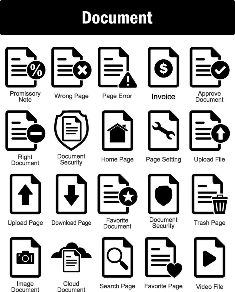 A set of 20 Document icons as promissory note, wrong page, page error vector