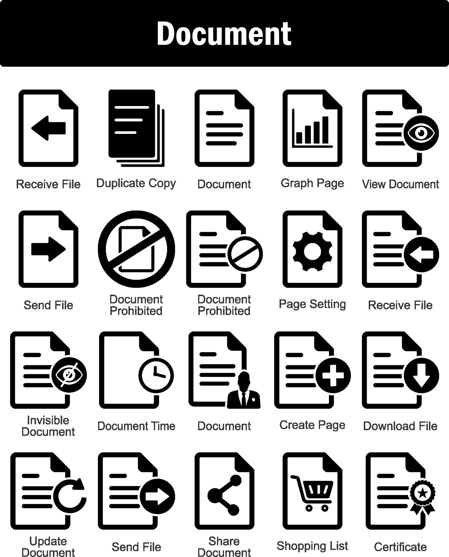 A set of 20 Document icons as receive file, duplicate copy, document ...